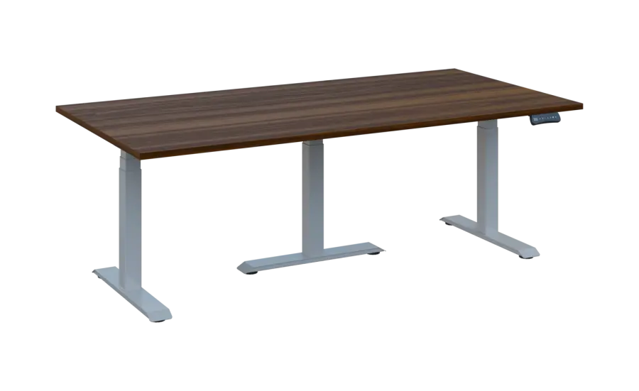 FLEXIMEET 200-100 výškově nastavitelný stůl, kovová podnož stříbrná, deska 25 mm, široký 2000 mm, ořech královský